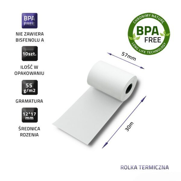 QOLTEC ROLKA TERMICZNA 57X30 | 55G/M2 | 10SZT | BPA FREE - obrazek 3