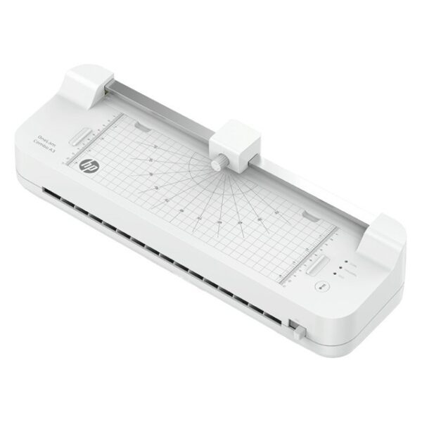 HP Laminator ONELAM COMBO A3, na zimno/gorąco, zintegrowany trymer, zaokrąglacz rogów, prędkość 40cm/min + 15 folii: 3xA4, 4xA5, 4xA6, 4xB-CARD, biały - obrazek 4