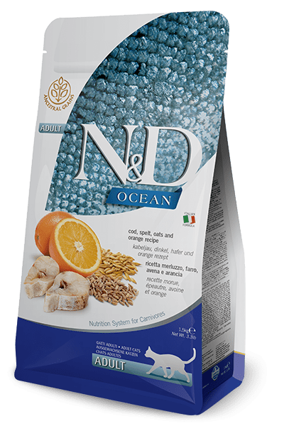 FARMINA N&D Ocean Cod, Spelt, Oats & Orange Adult - sucha karma dla kota - 1,5kg