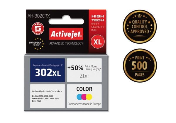 Activejet AH-302CRX Tusz (zamiennik HP 302XL F6U67AE; Premium; 21 ml; 500 stron, kolor) - obrazek 2